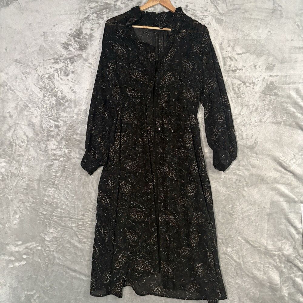 Banana Republic Sheer Floral Chiffon Shirt Dress L Black Slip Midi Paisley Boho